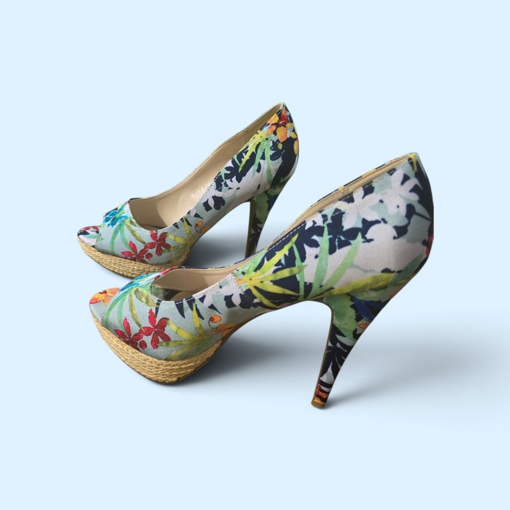 Apt. 9 Women Floral Tropical Peep Toe Platform Stiletto Heels Multi-Color Sz 8.5